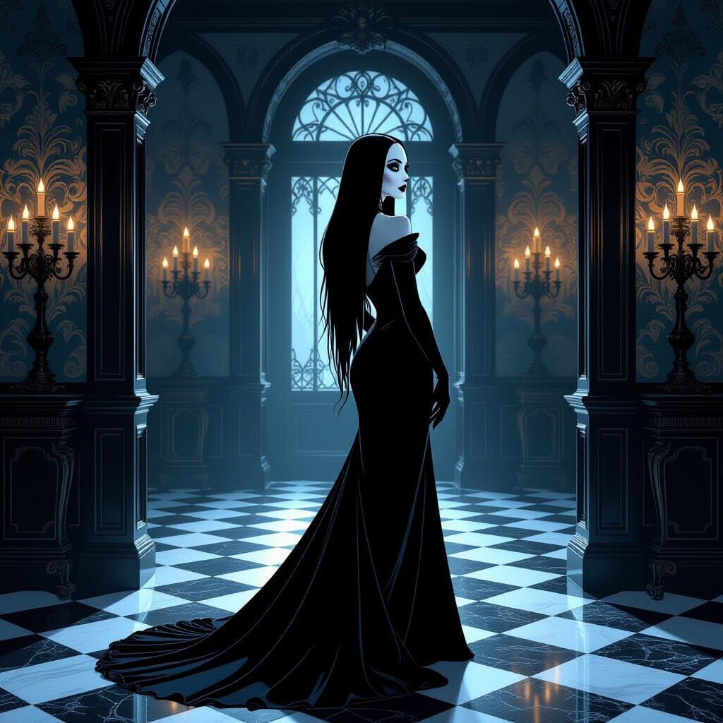 Morticia Addams in Gothic Mansion, Art Nouveau Style