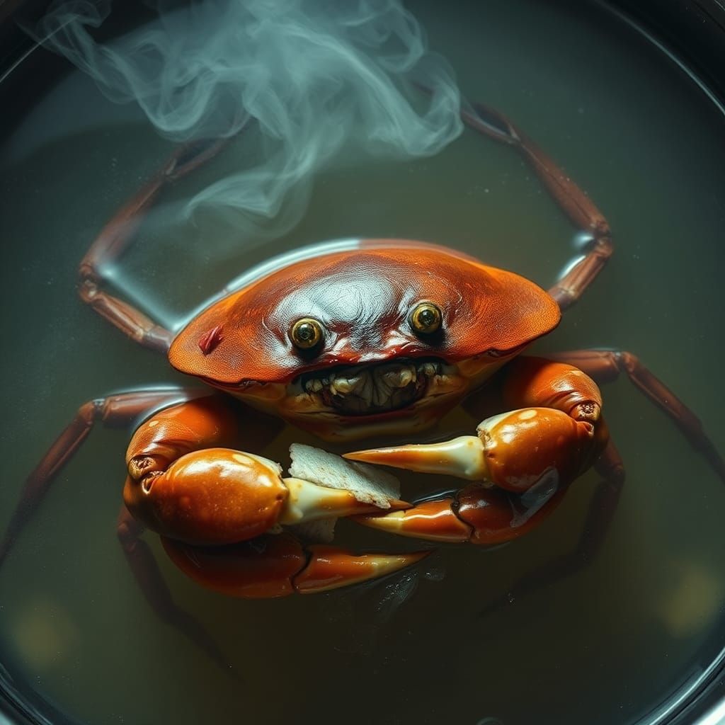 Hyperrealistic Crab Consumed by Itself in Broth