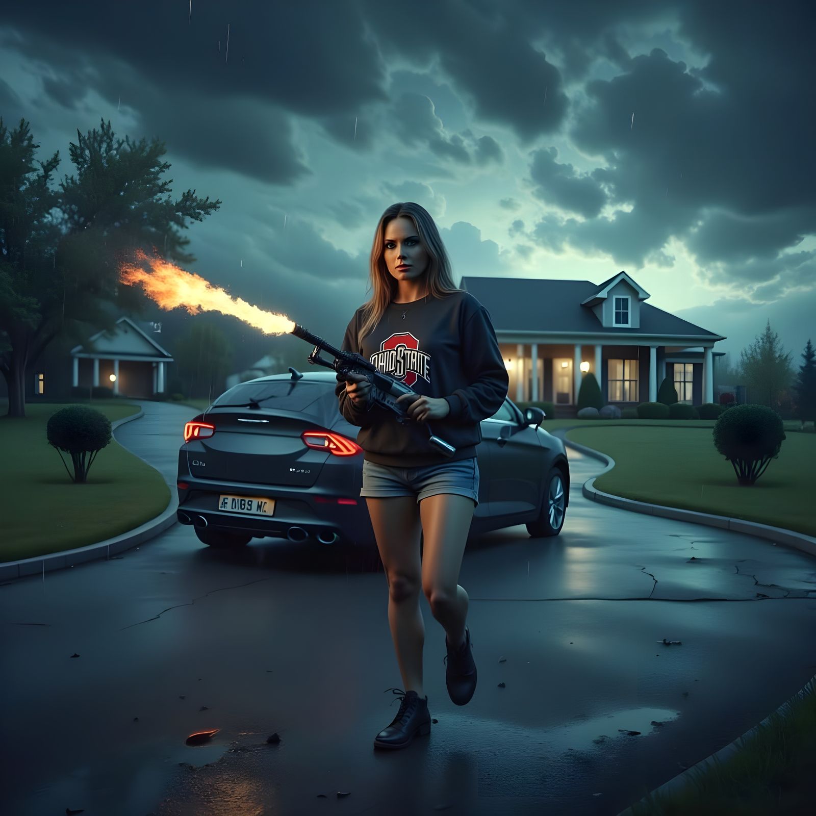 Woman with Flamethrower Stares Coldly in Storm