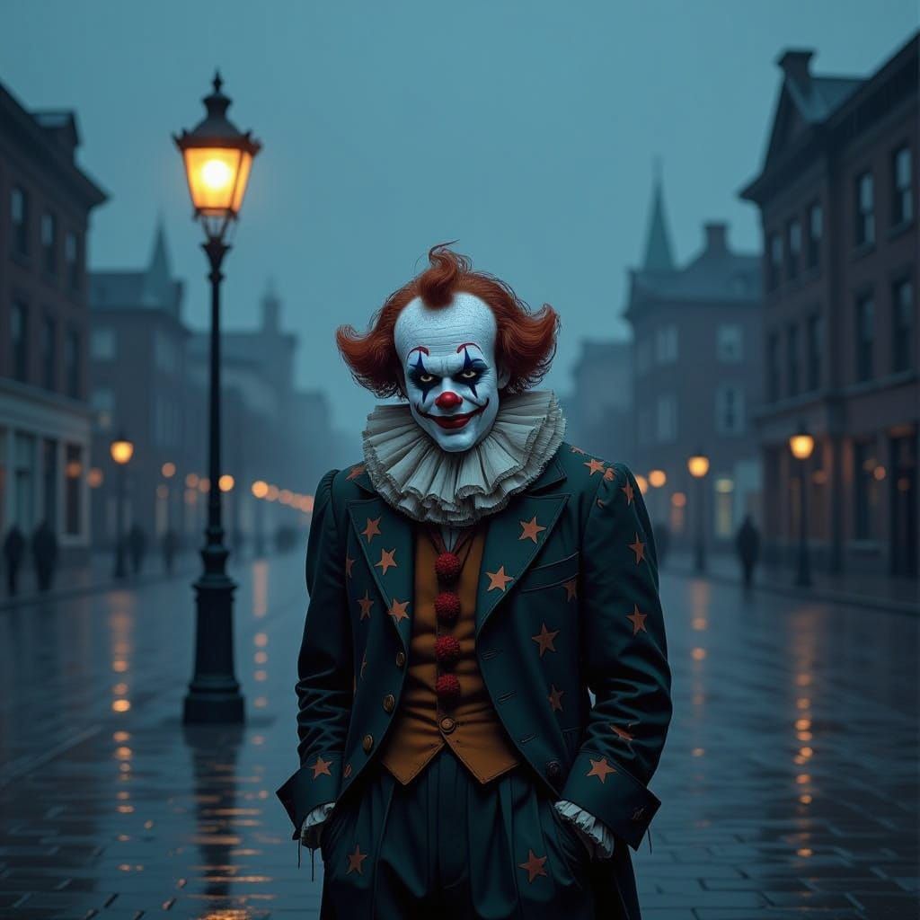 Melancholy Clown in Desolate City Square at Dusk