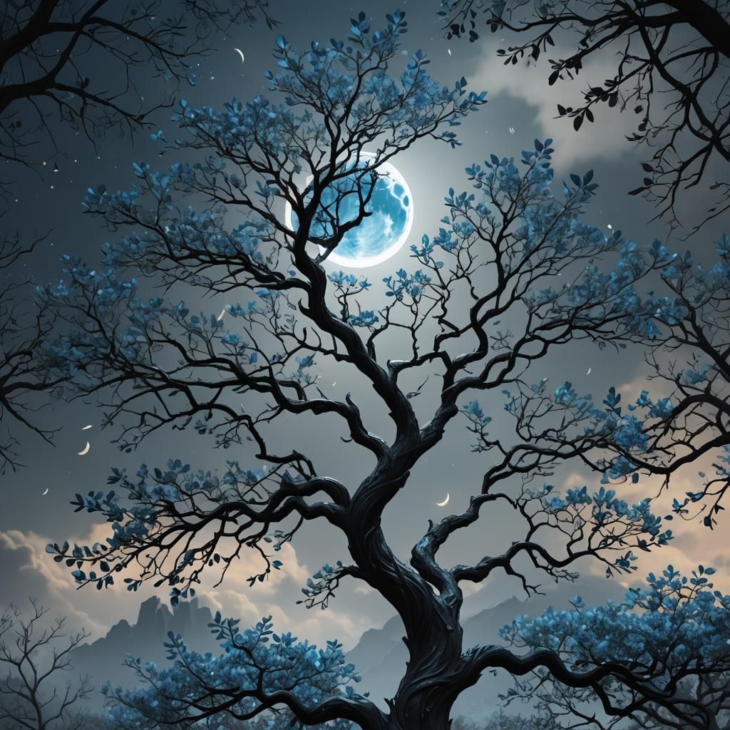 Black Tree with Blue Leaves and Moon