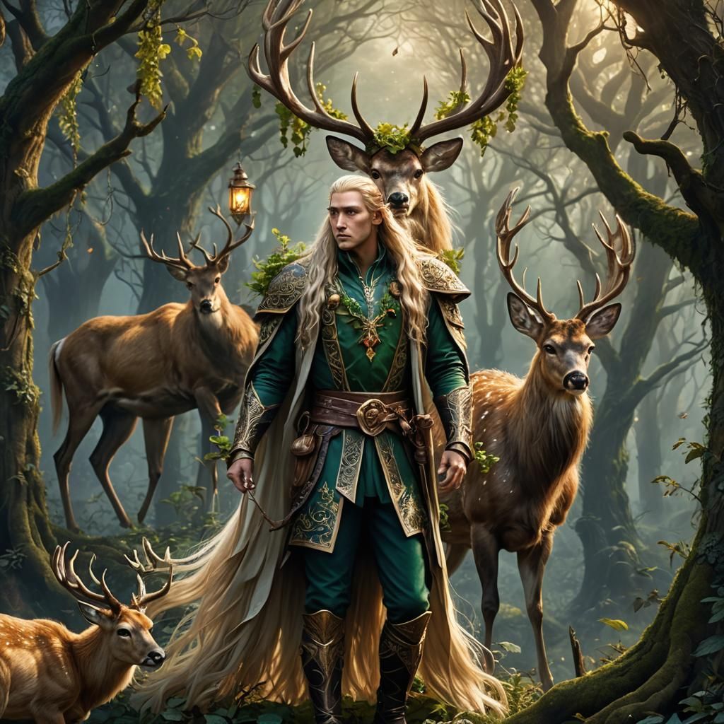 Majestic Elf King with Deer: Digital Matte Painting