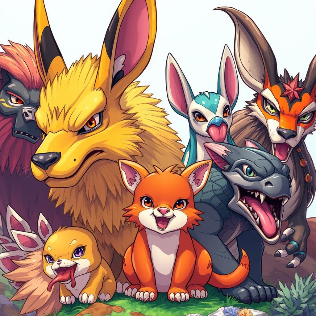Vibrant Animal Group in Anime Manga Style