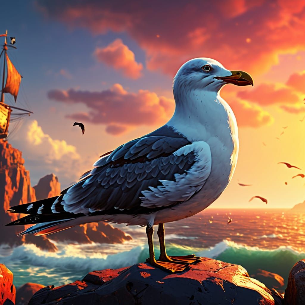 Seagull Pirate on Rocky Coast: Digital Concept Art