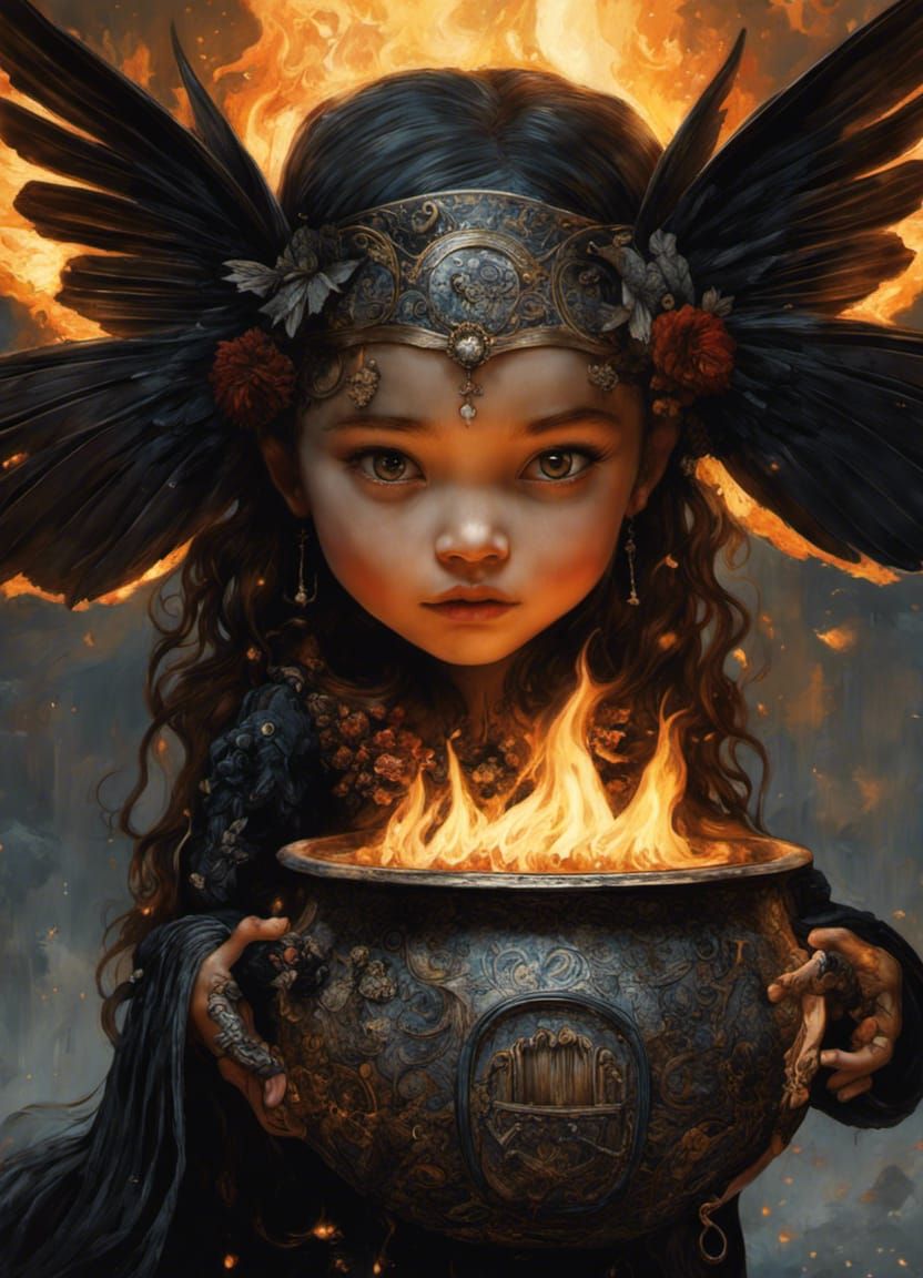 Chibi Fire Fairy Pyromancer in Iridescent Brutalism