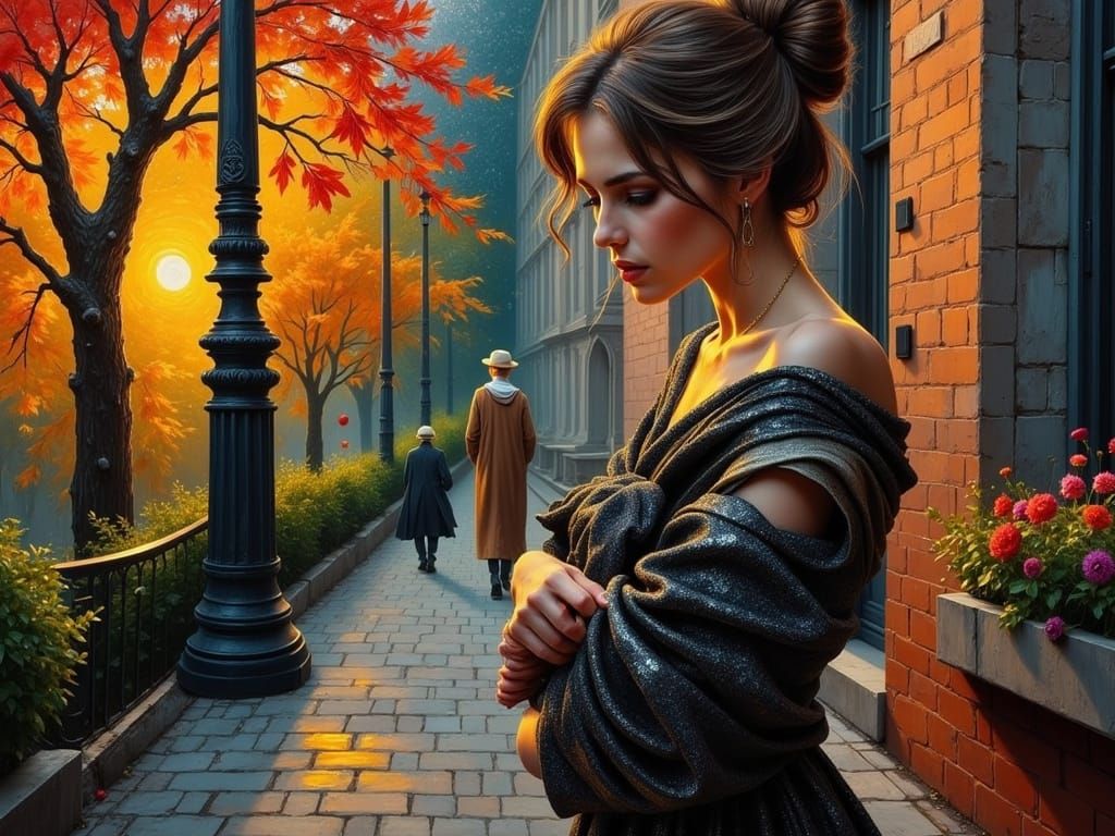 Young Woman Stepping Out into a Vibrant Evening