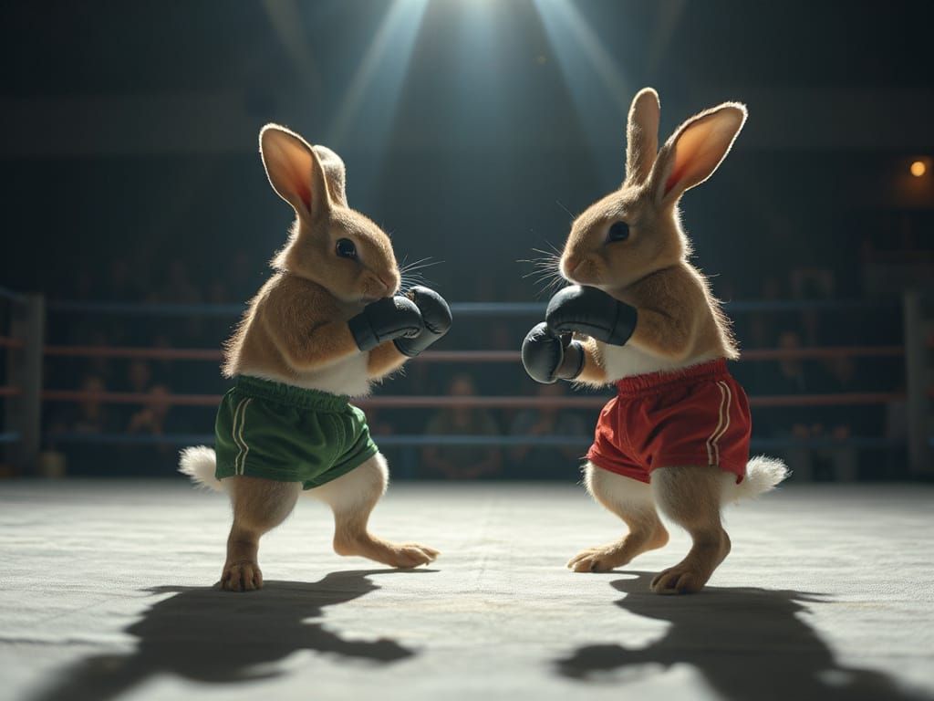 Bunny Rabbits Boxing Match with Dramatic Lighting