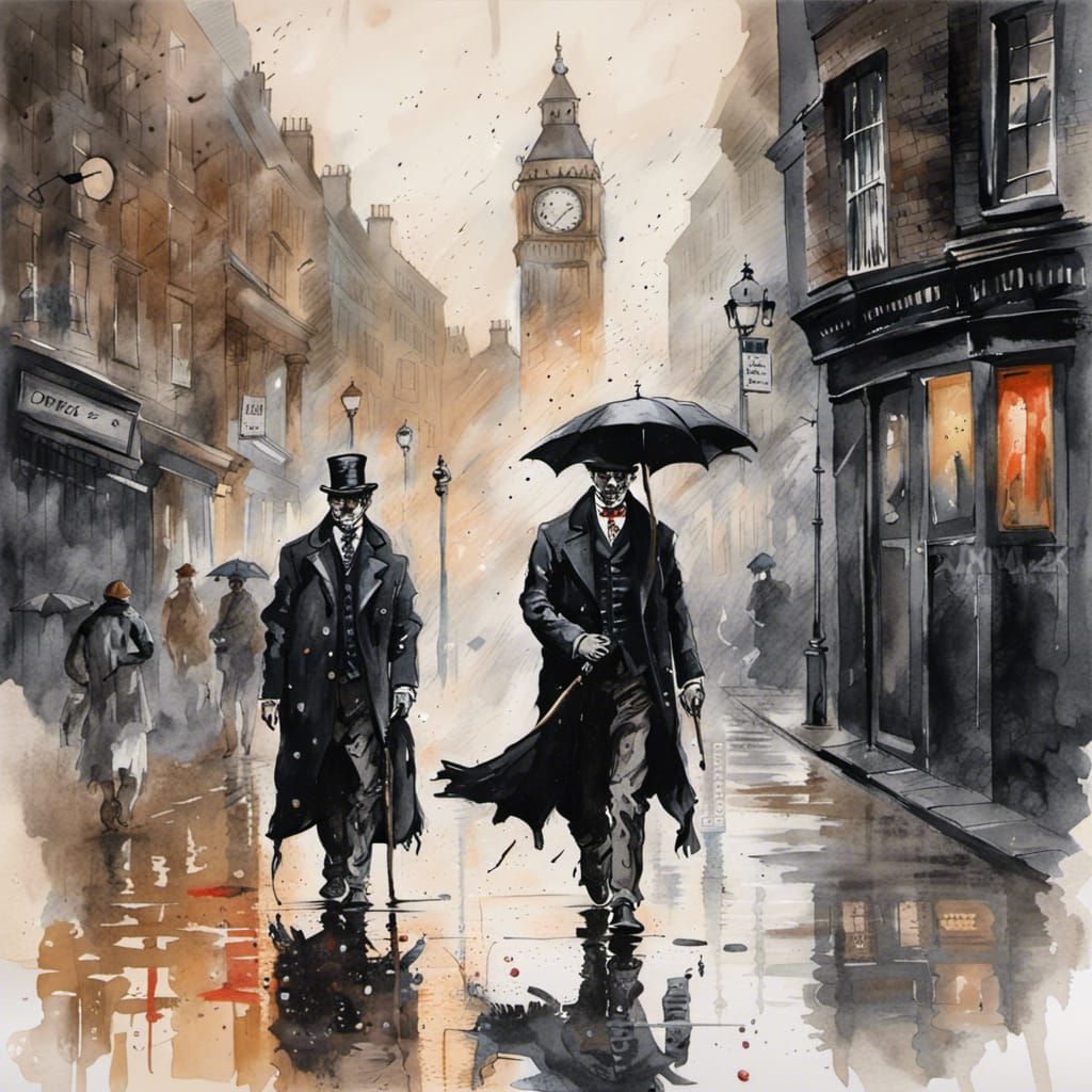 Jack the Ripper in Rainy London: Watercolor Masterpiece