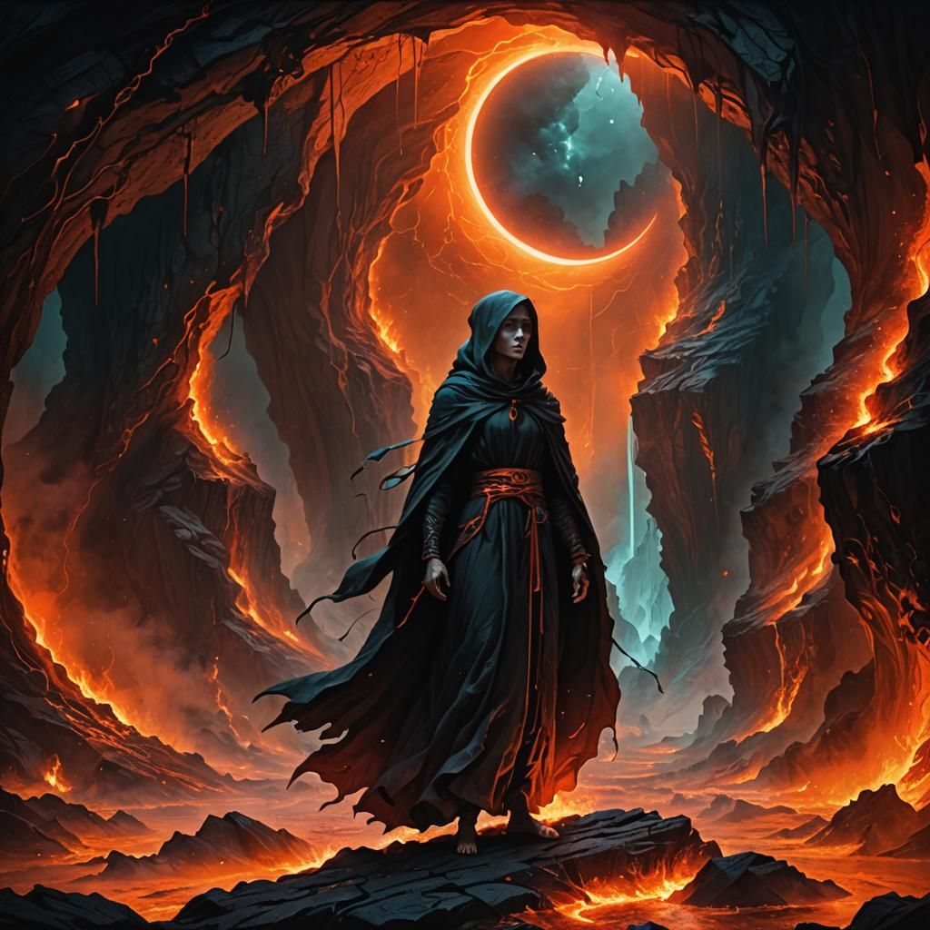 Fiery Elf Healer in Lava Cave: Dark Fantasy Art