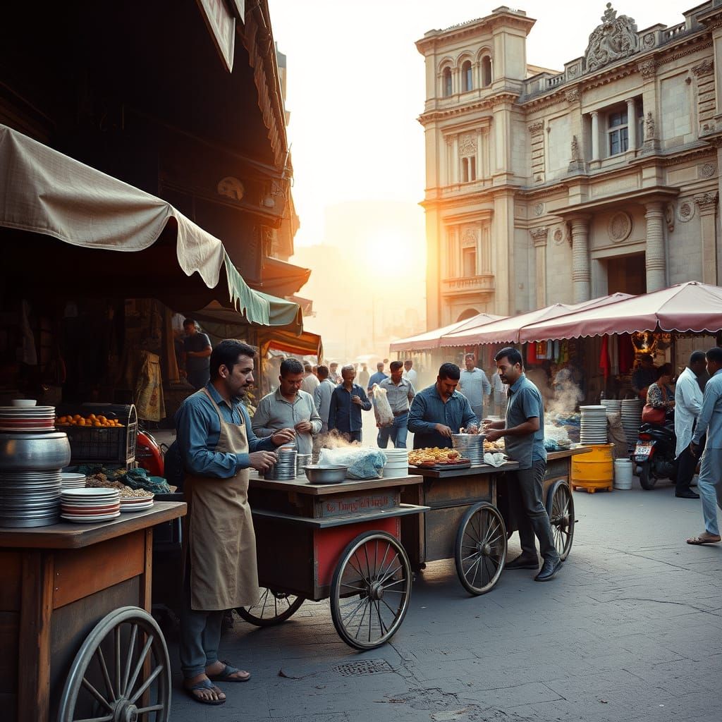 Street Food Vendors in a Bustling Market Scene