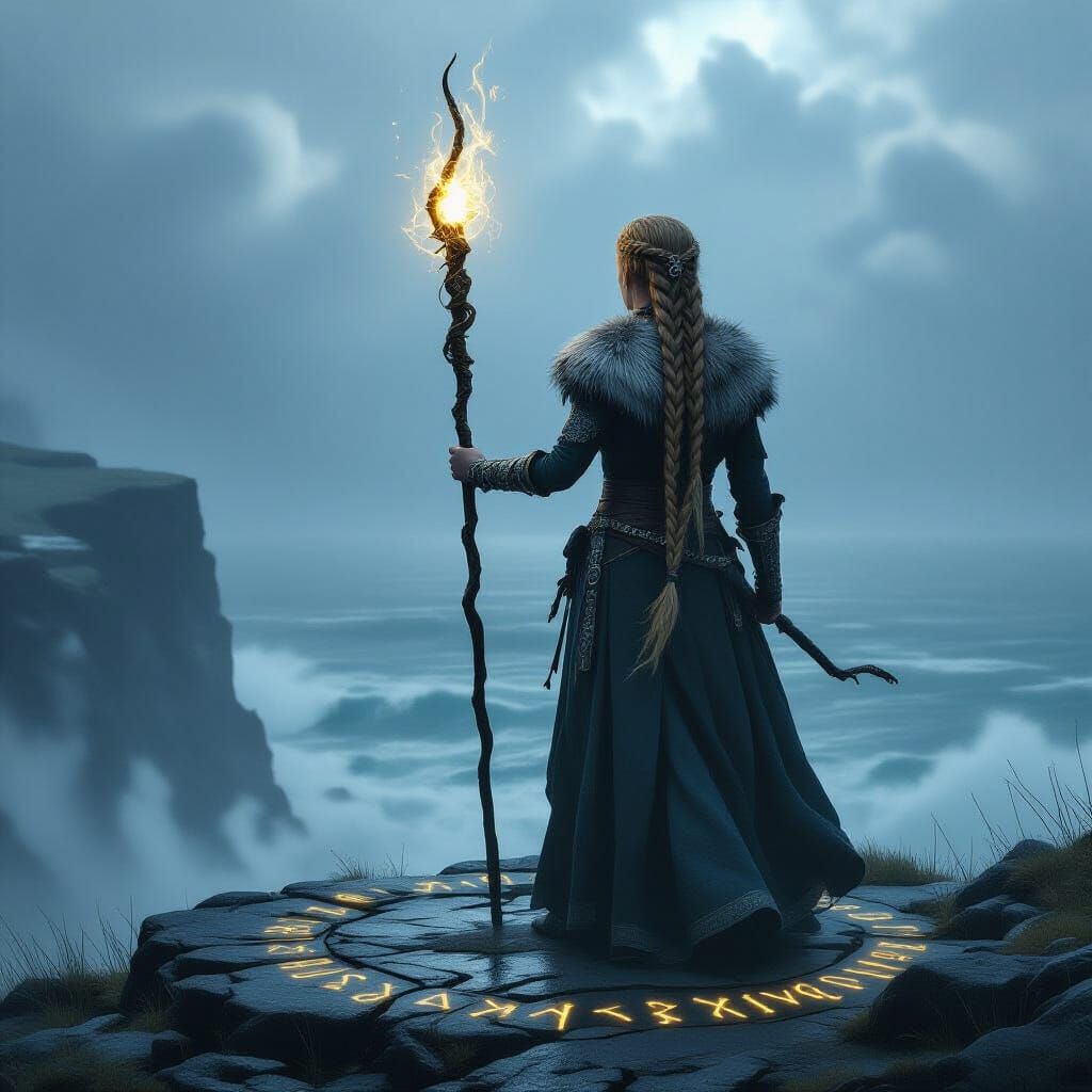 Viking Völva on Cliff with Glowing Staff