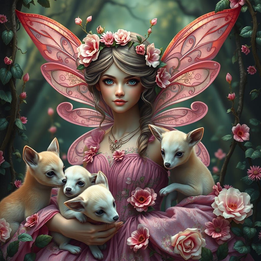 Woodland Fairy in Elegant Pink Gown Interacting with Baby An...