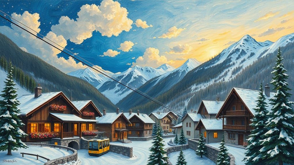 Charming Swiss Alps Village at Sunset, Van Gogh Style