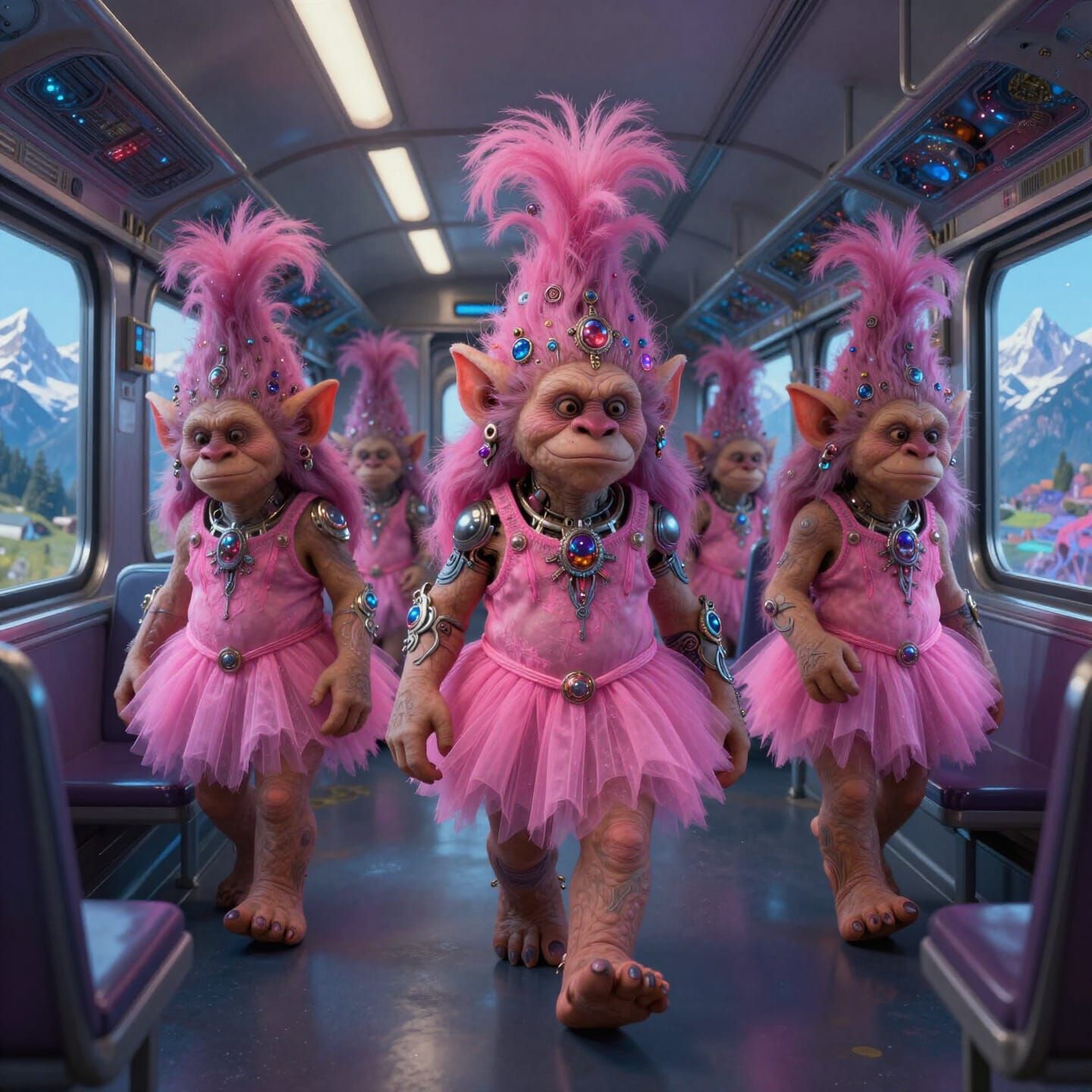 Trolls in Tutus Speed-Walking on Alpine Train