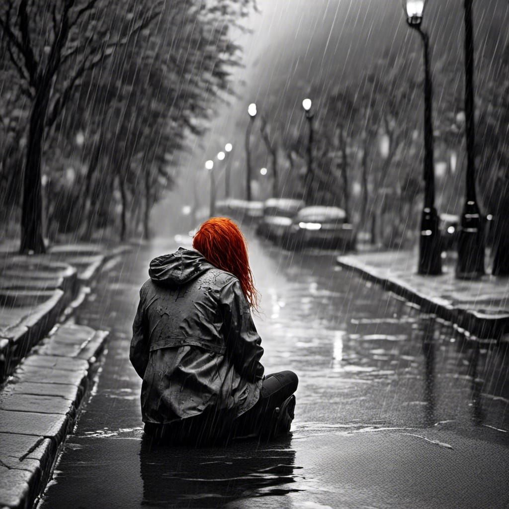 Redhead in Rainstorm: Black and White Watercolor