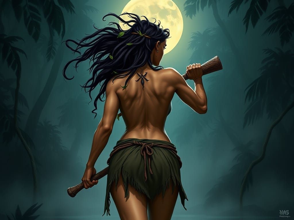 Surreal Moonlit Warrior Emerges from Jungle Depths