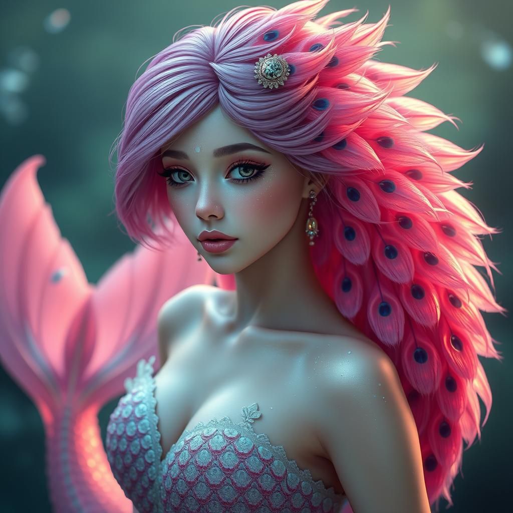 Peacock Mermaid Portrait in Art Nouveau Style