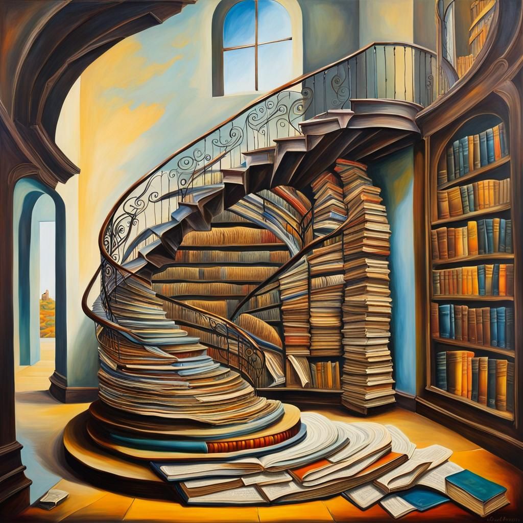 Surreal Book Staircase in Salvador Dali Style