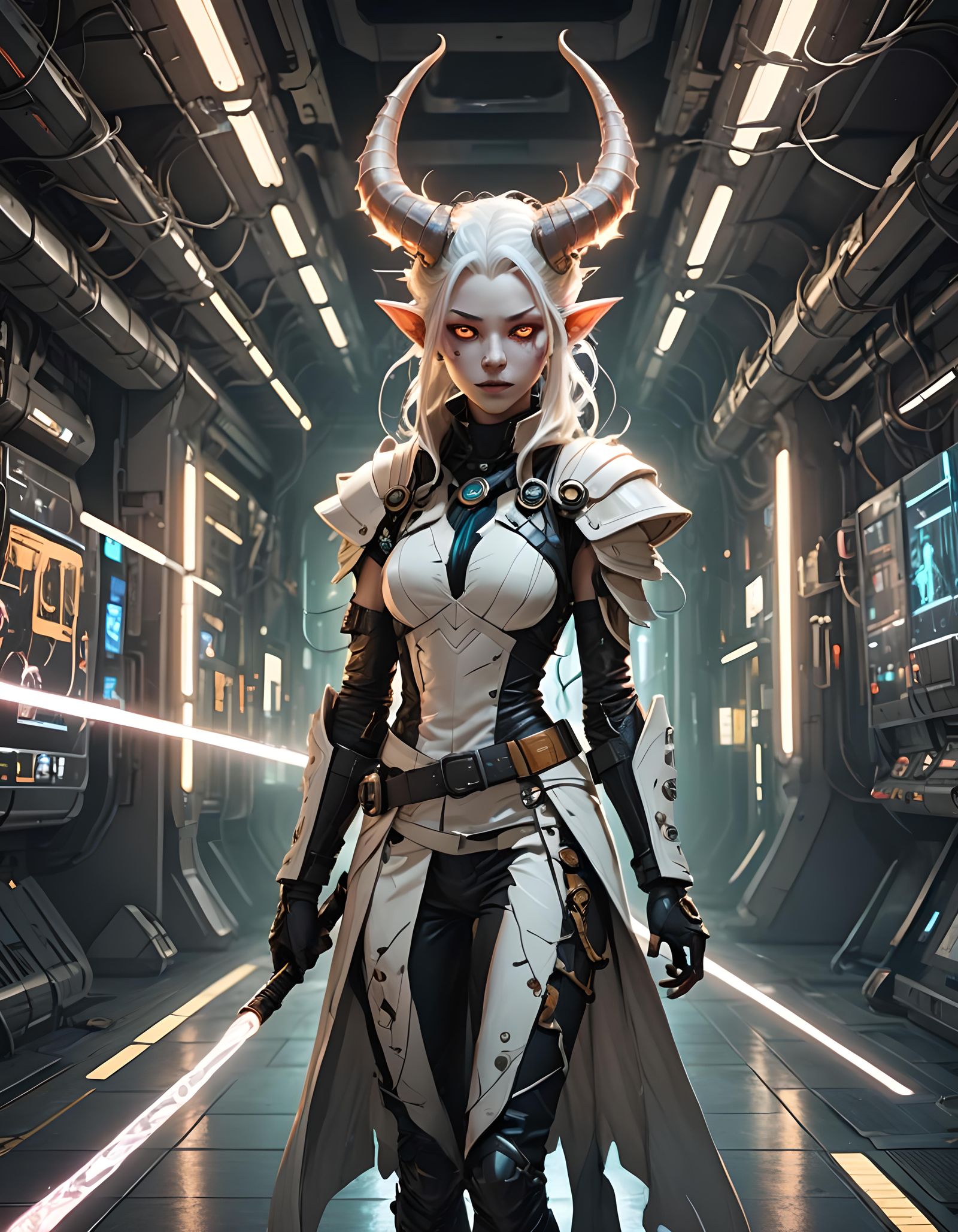 Tiefling Technomancer in Lunar Cyberpunk Style