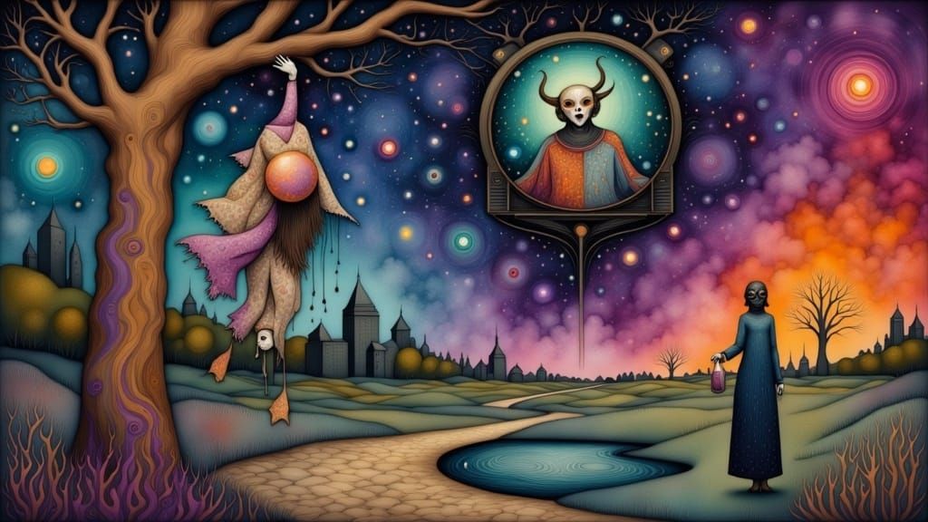 Surreal Mime Nightmare in Dreamlike Landscape