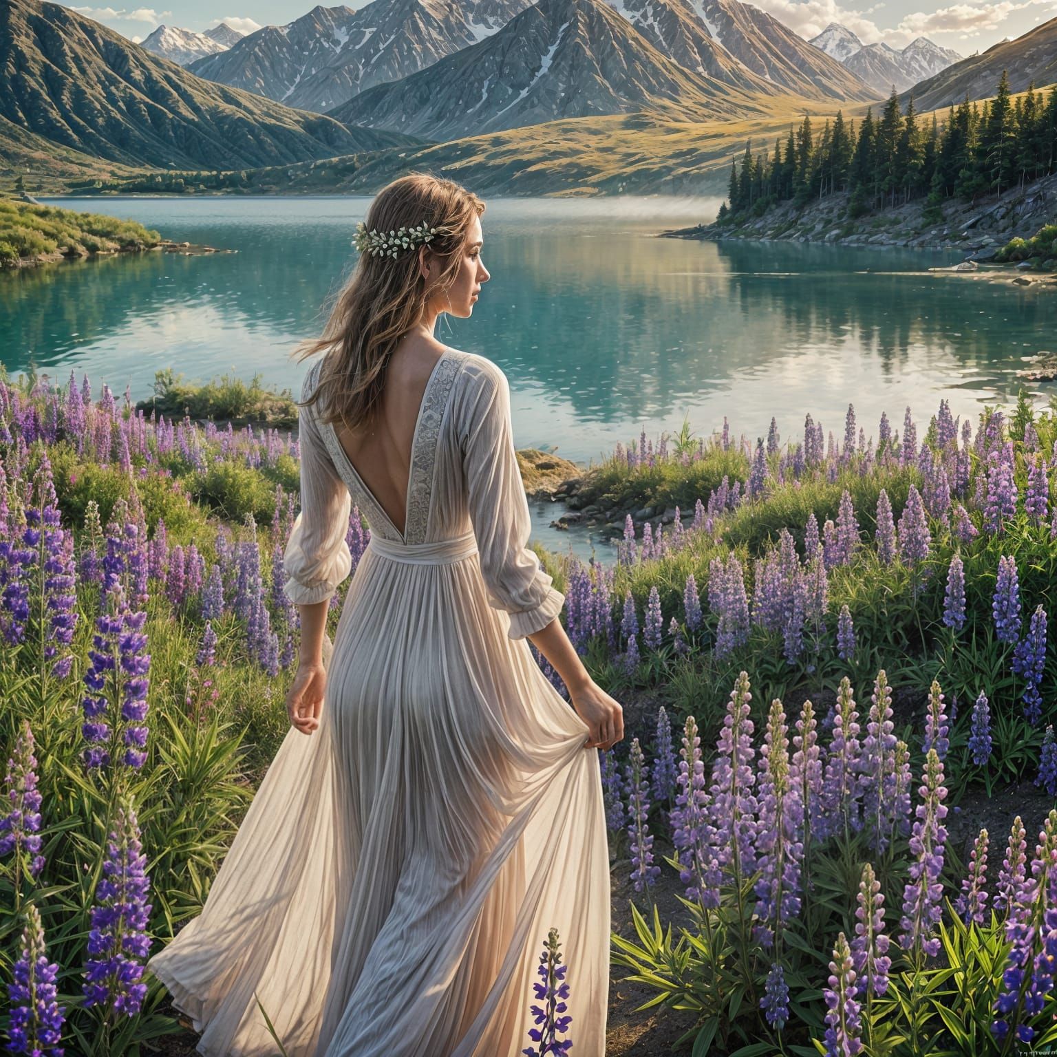 Woman in White Dress at Lake Tekapo: Fantasy Art