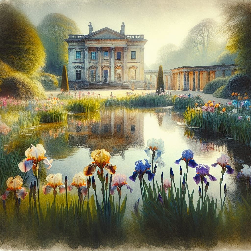 Ethereal Palladian Garden Scene in Soft Watercolor