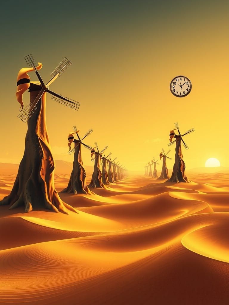 Surreal Windmills Rise from Golden Desert Dunes in Dalí-Insp...