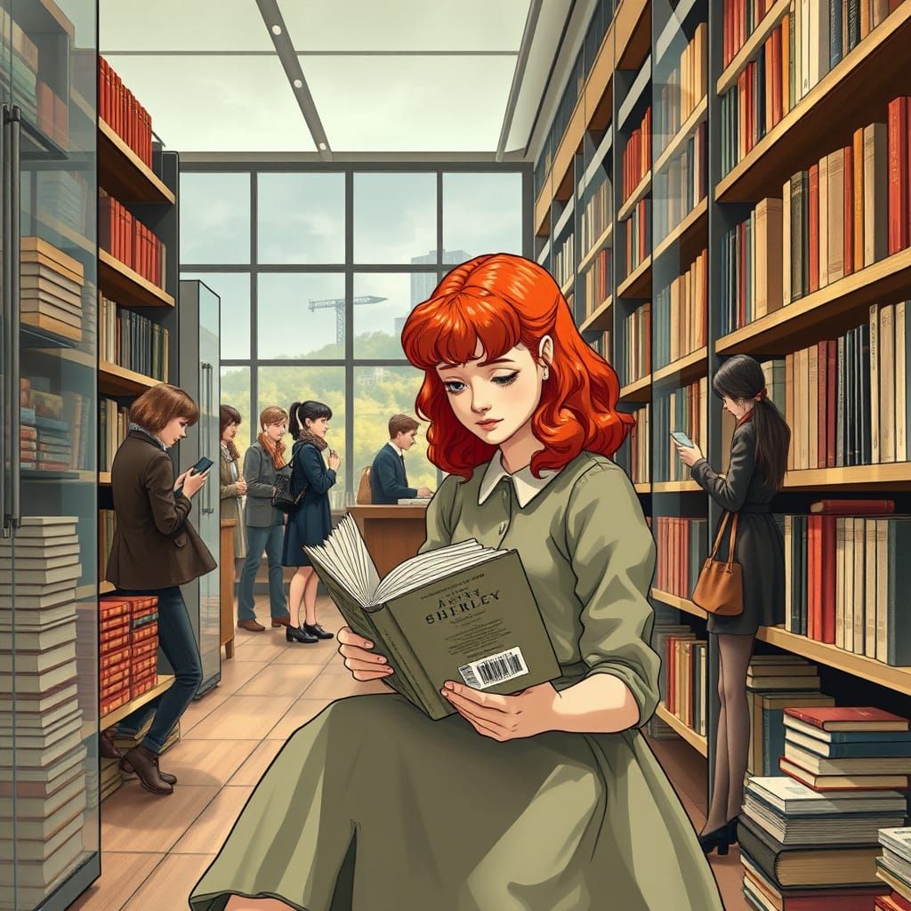 Whimsical Anne Shirley in Modern Bookshop