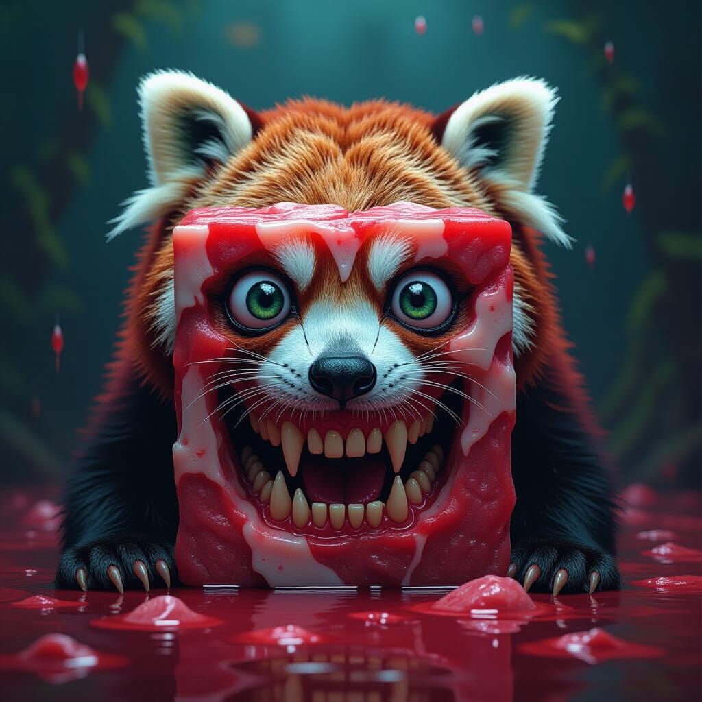 Hyperrealistic Meat Cube with Eyes and Mouth