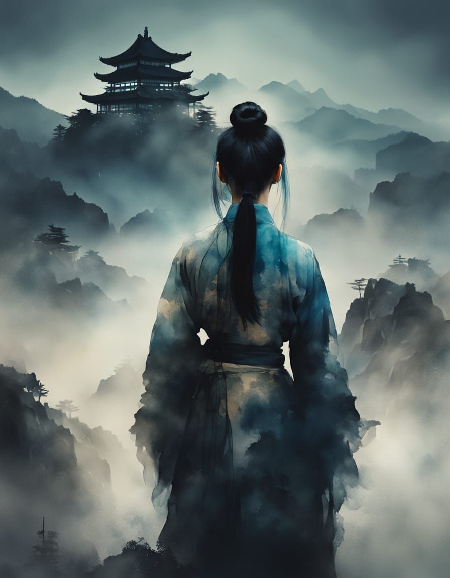 Serene Woman on Misty Peak: Chinese Ink Painting