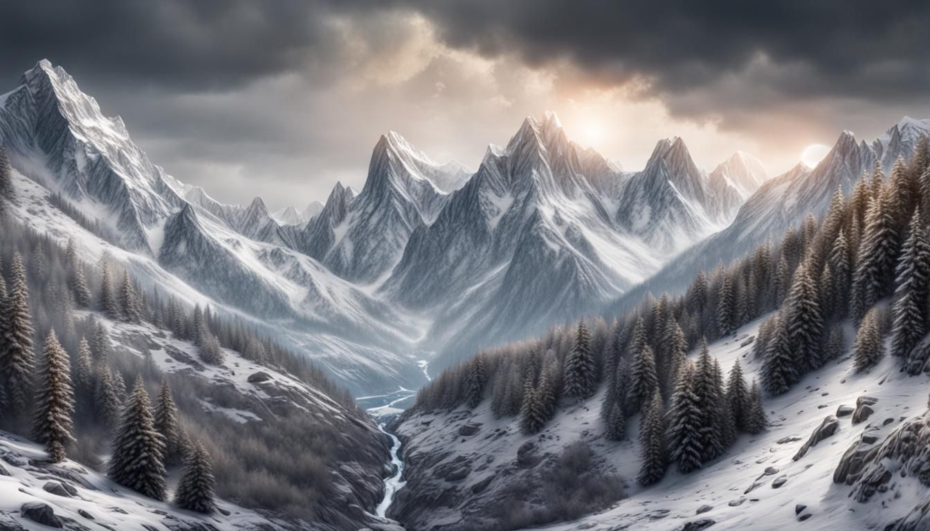 Photorealistic Panorama of Snowy Mountains and Waterfall