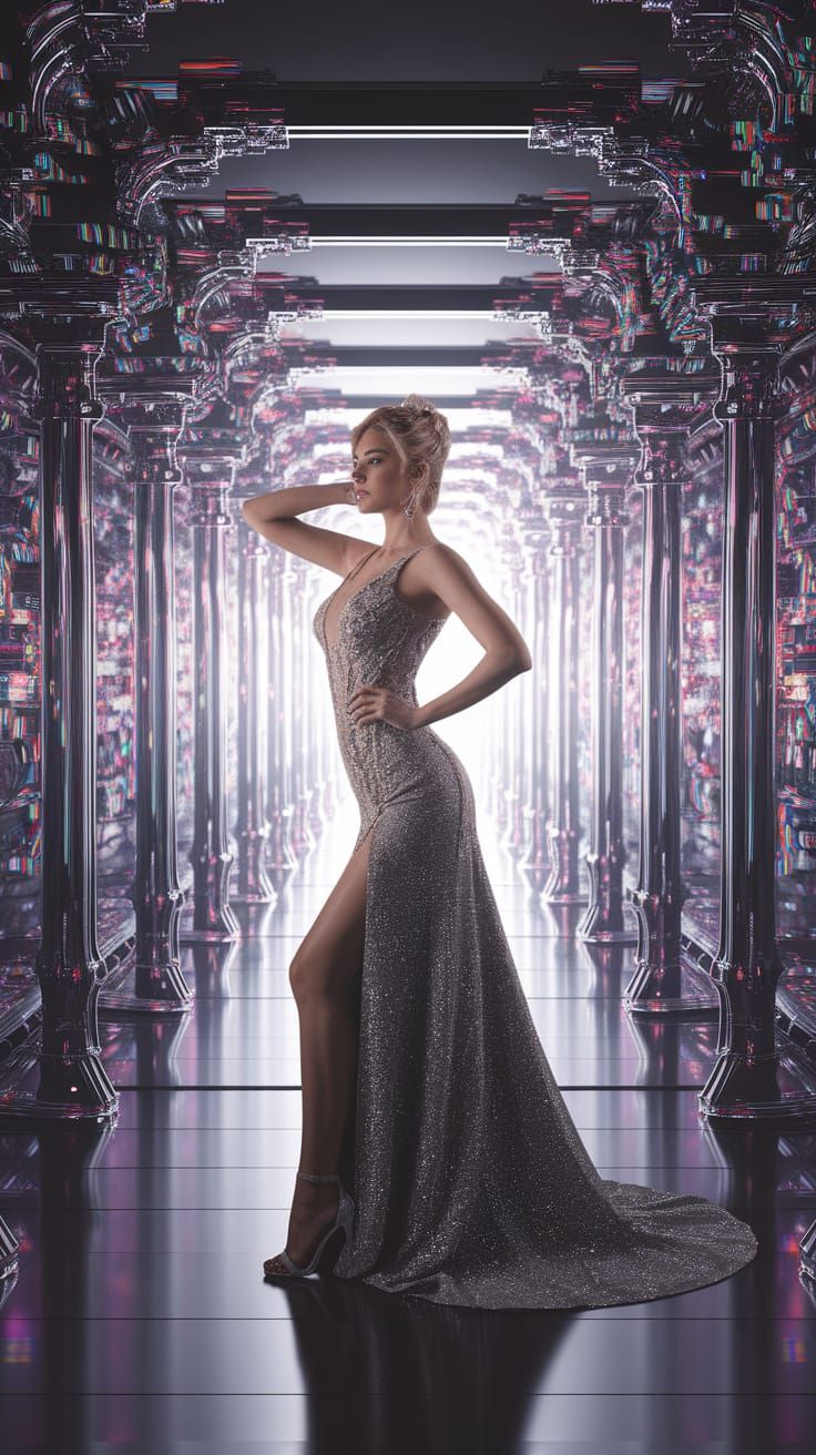 Elegant Woman in Futuristic Glitch Art Landscape