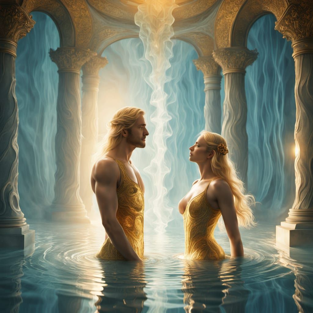 Water Gods Embrace in Dreamlike Surrealism