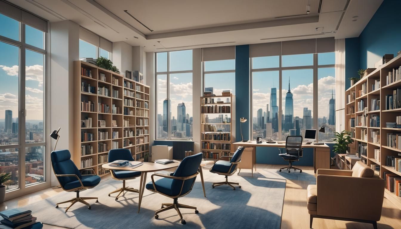 Minimalist Office Space with Cityscape View