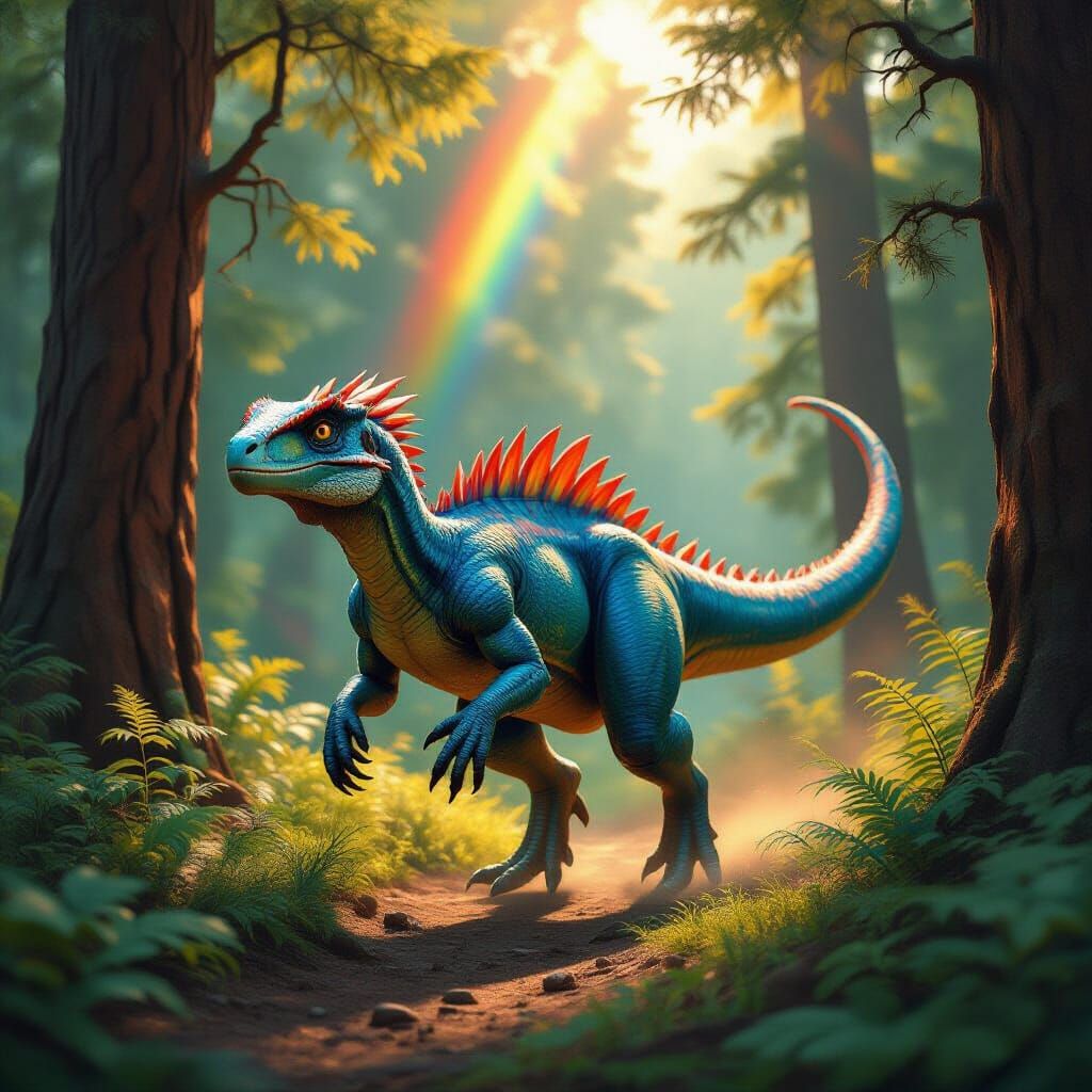 Blue Raptor Runs Through Red Wood Forest