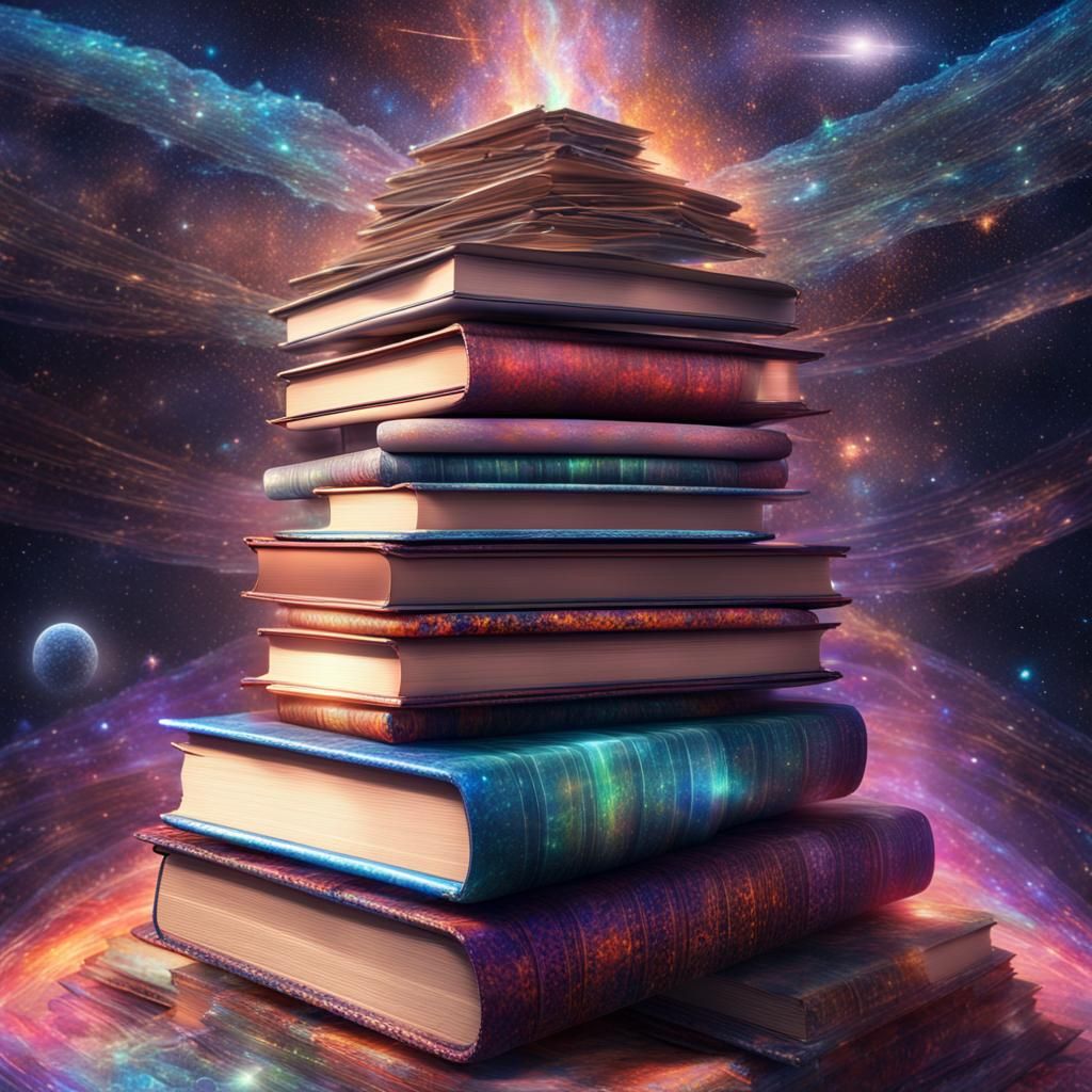 Books Stacked in Holographic Cosmic Astral Illustration