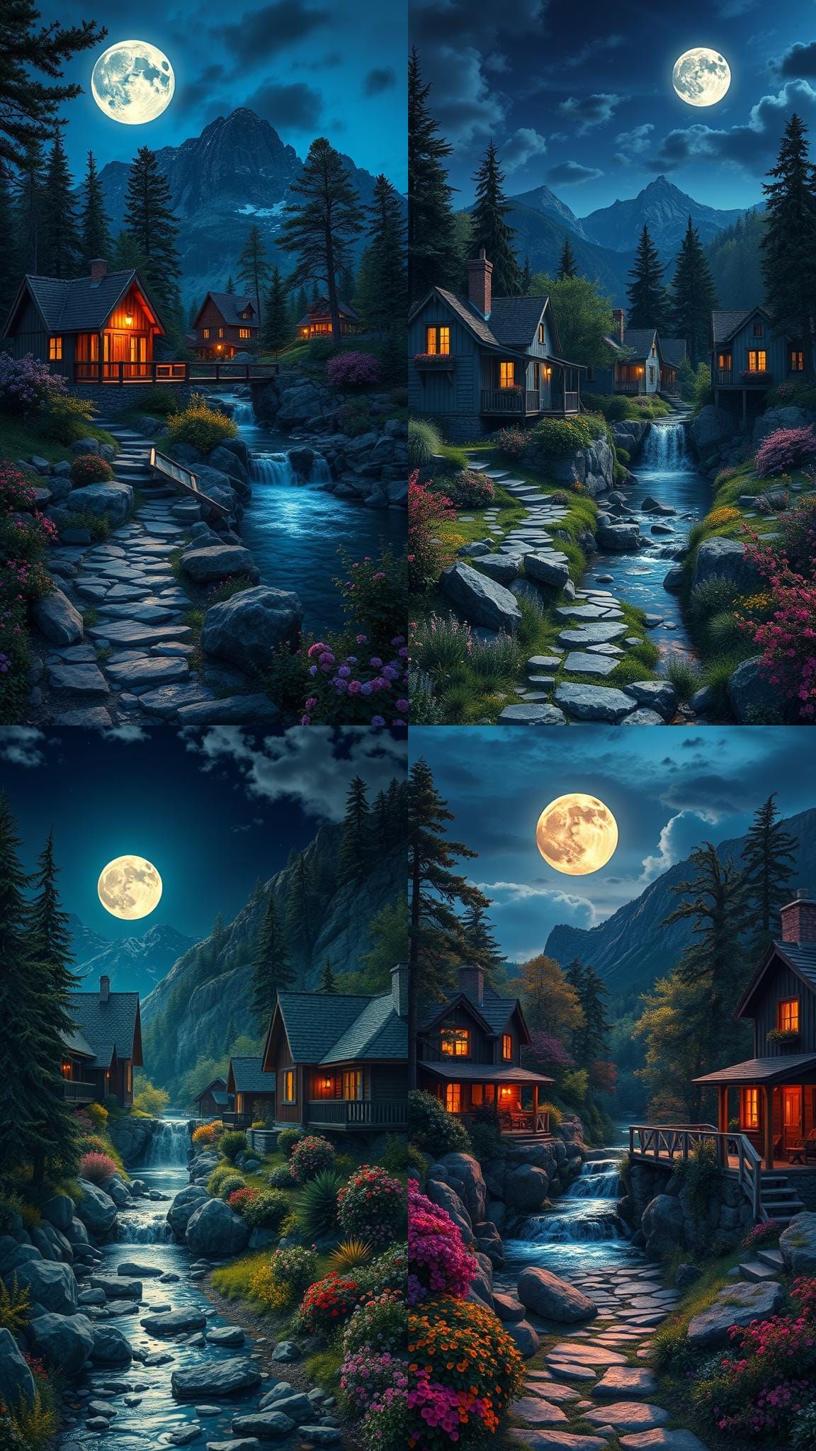 Moonlit Cottages: A Vivid Digital Painting
