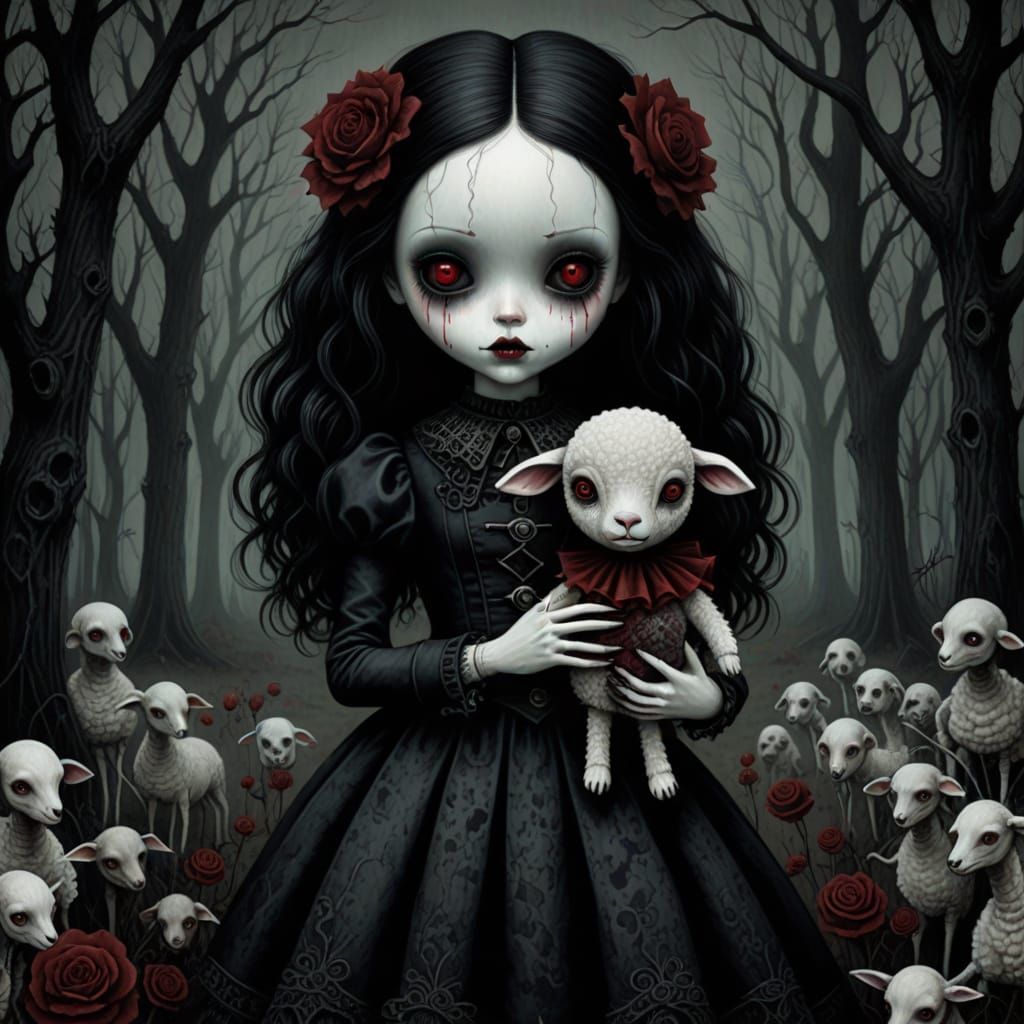 Eerie Dollcore Illustration in Lowbrow Art Style