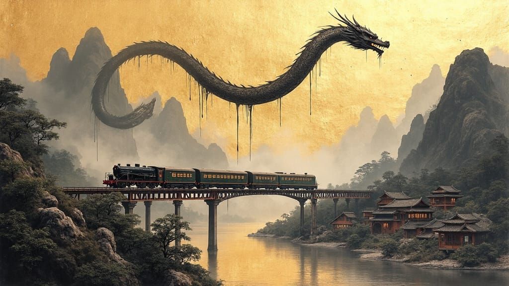 A Train Paints Chinese Landscapes in the Sky with Golden Bru...