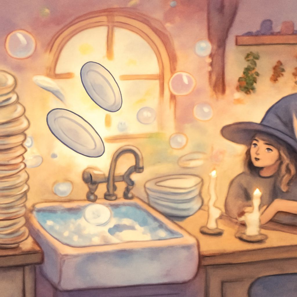 Magical Kitchen with Floating Dishes and Relaxed Witch