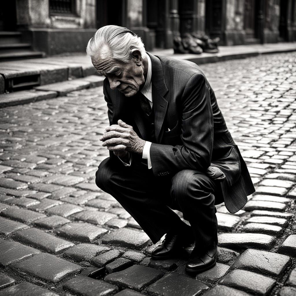 Elderly Man Praying on Cobblestone Street in Noir Style
