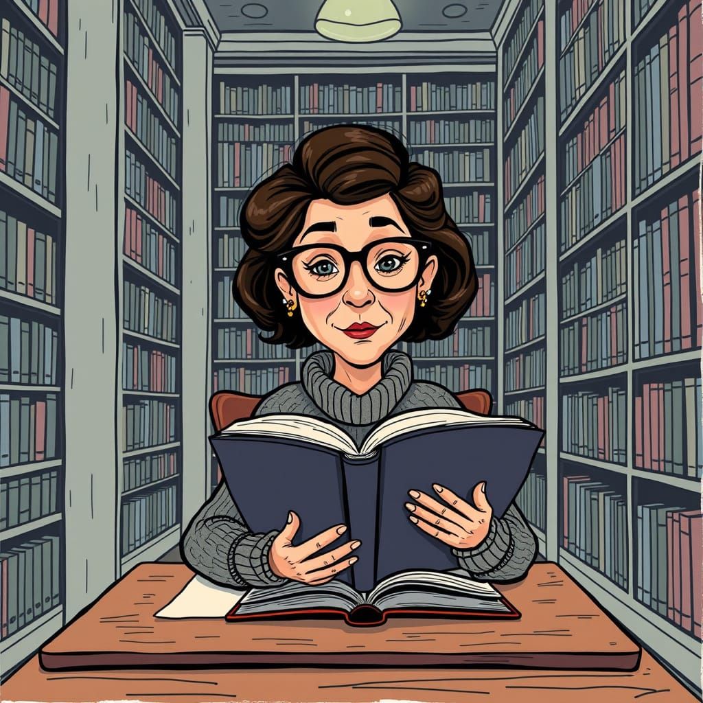 Whimsical Librarian Reading in a Colorful Caricature Style
