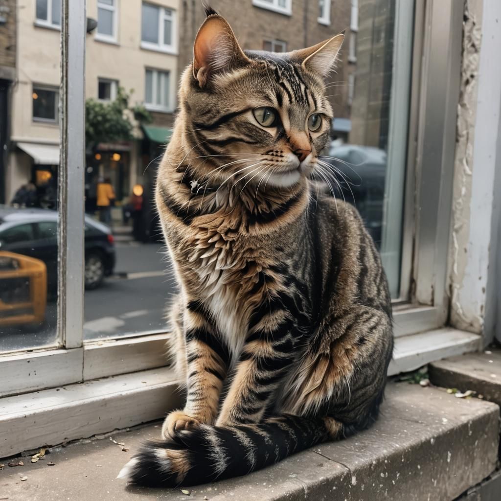 Mackerel Tabby Cat Watching Busy Street