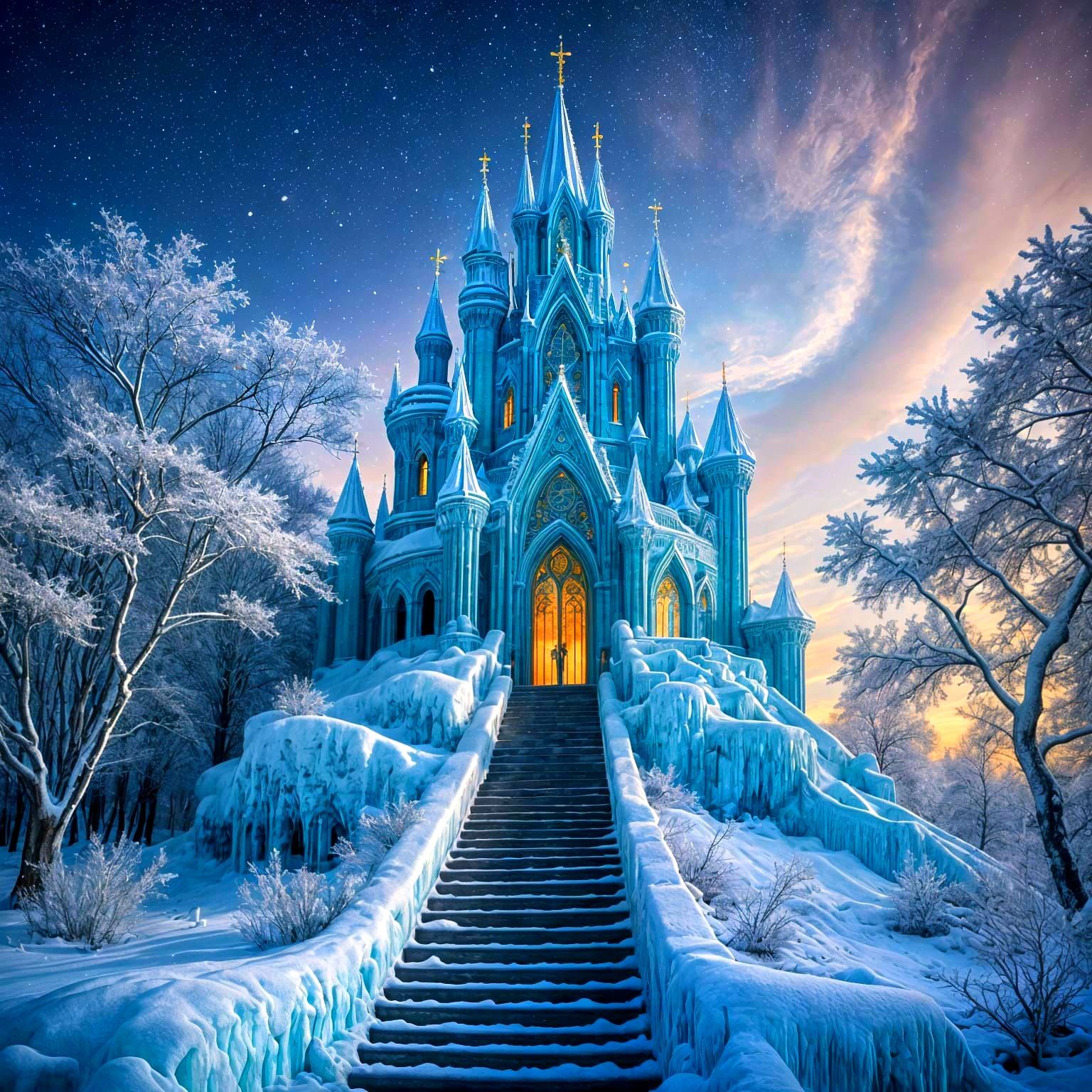 Ethereal Winter Queen on a Crystal Throne in a Frozen Landsc...