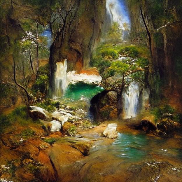 Lush Forest Spring with Waterfall, Landscape Painting