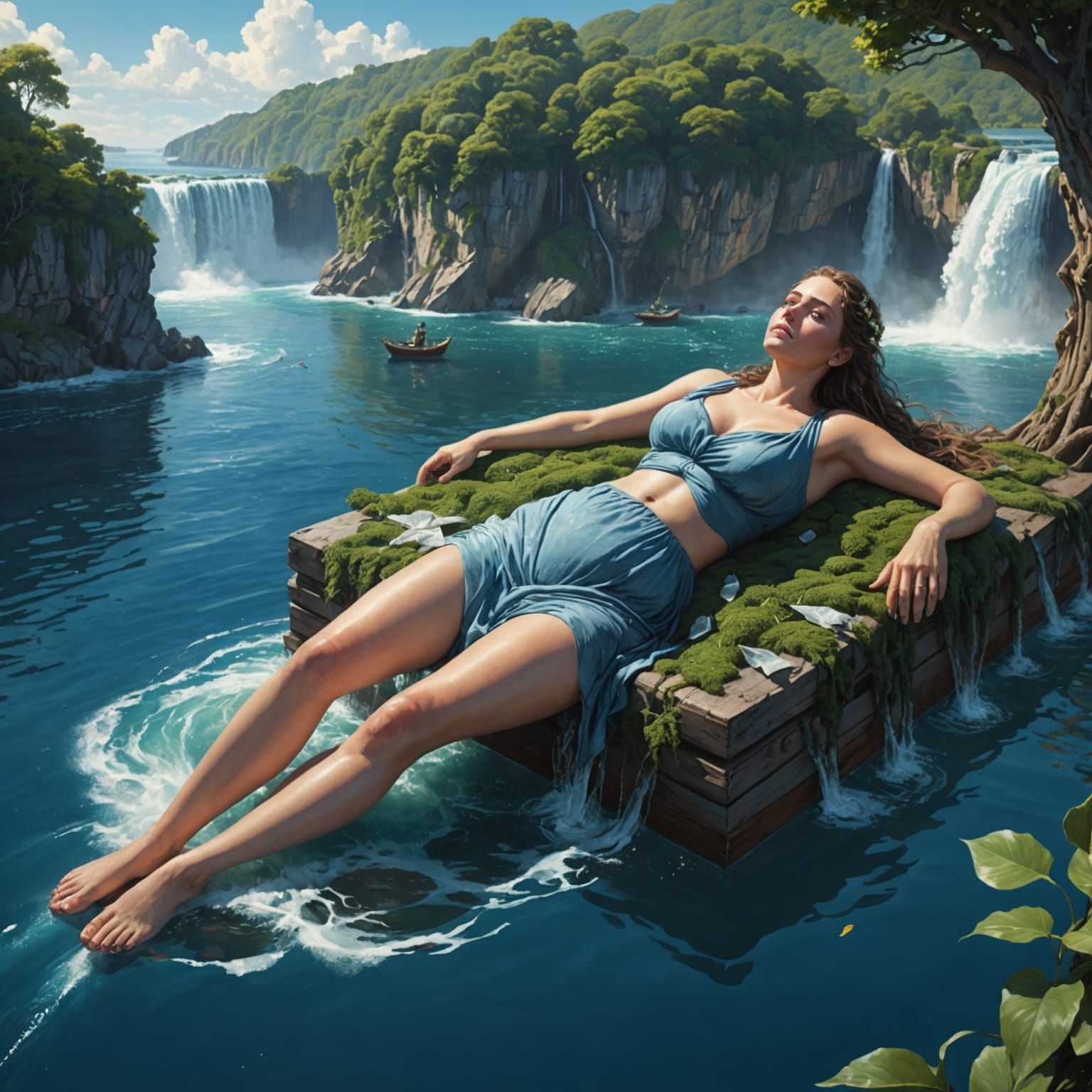 Giant Woman on Sea with Waterfalls and Trees