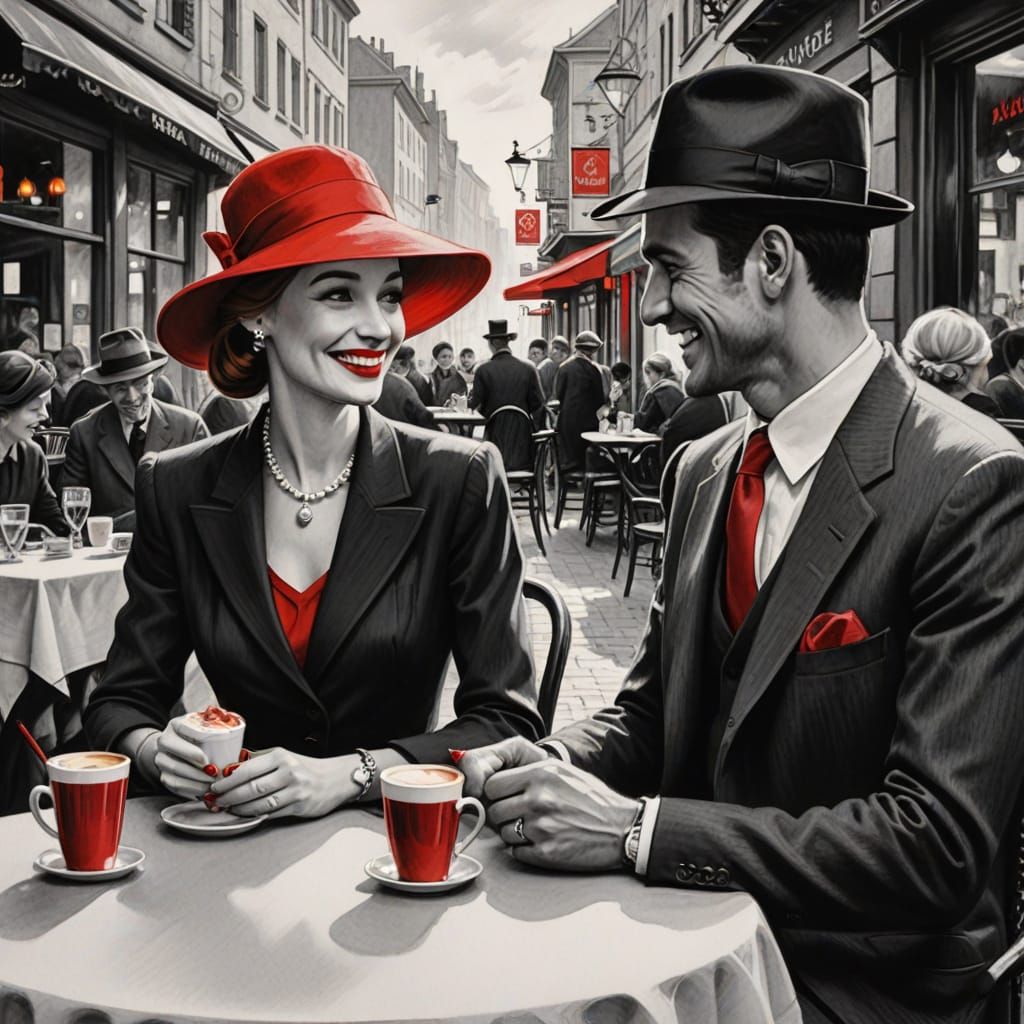 Elegant Cafe Scene in Black and White Pencil Drawing