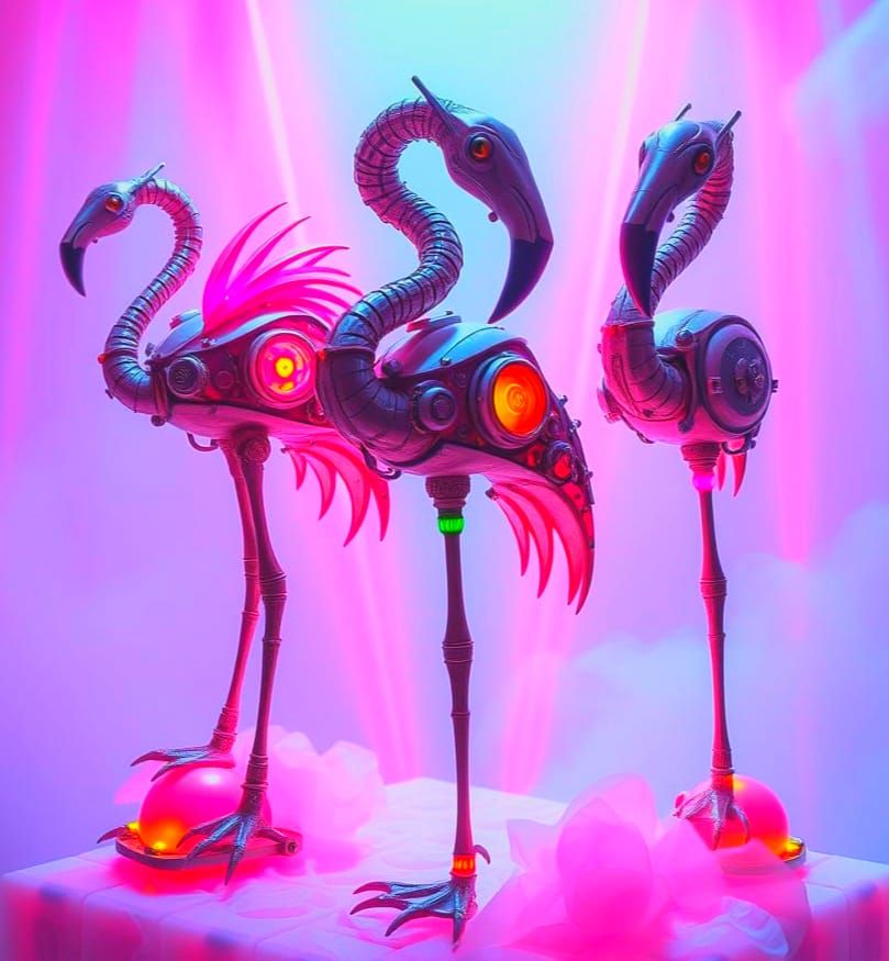 Steampunk Flamingo Sculptures with Neon Lighting