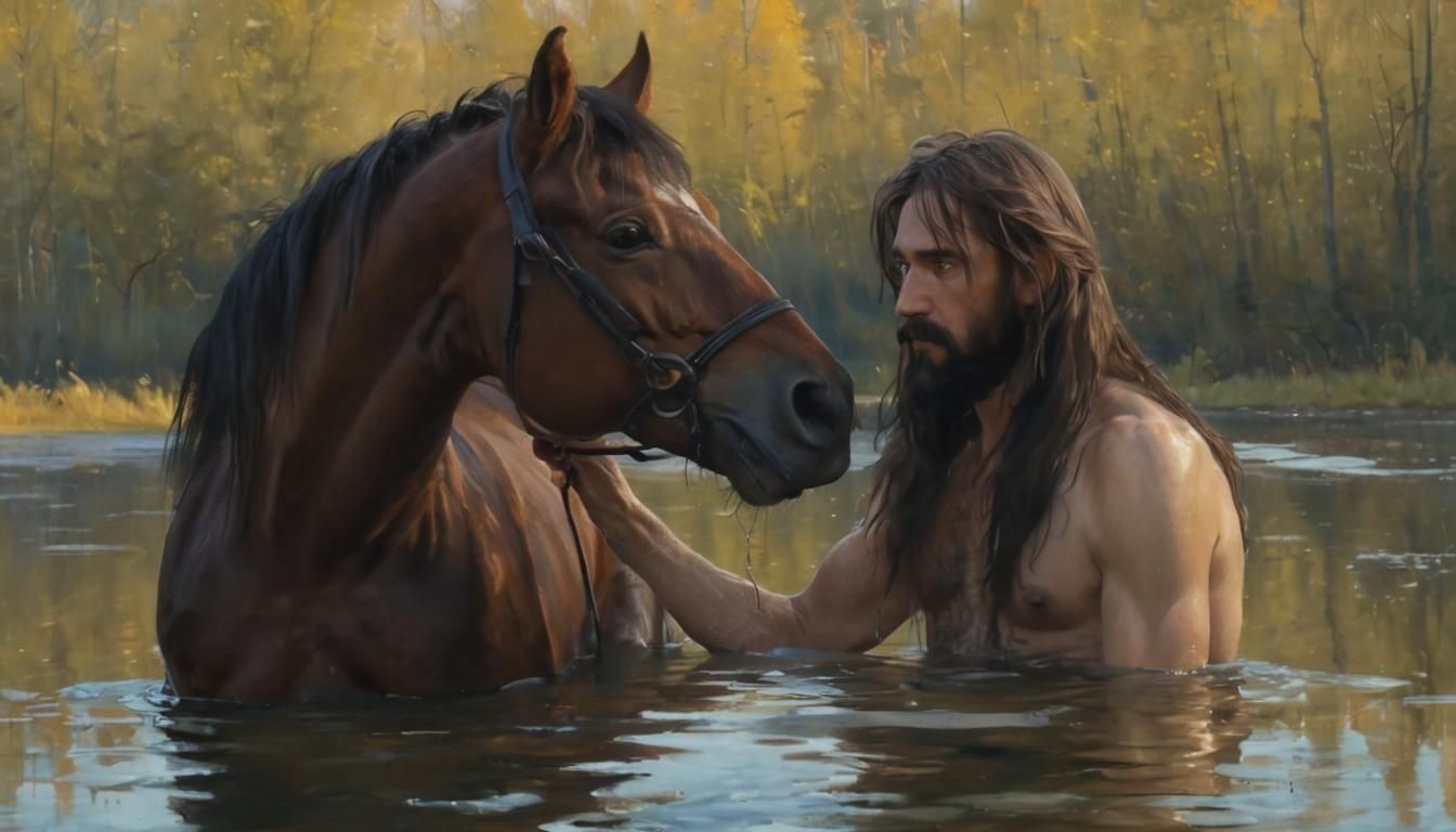 Bathing of a Horse: Peredvizhniki-Style Painting