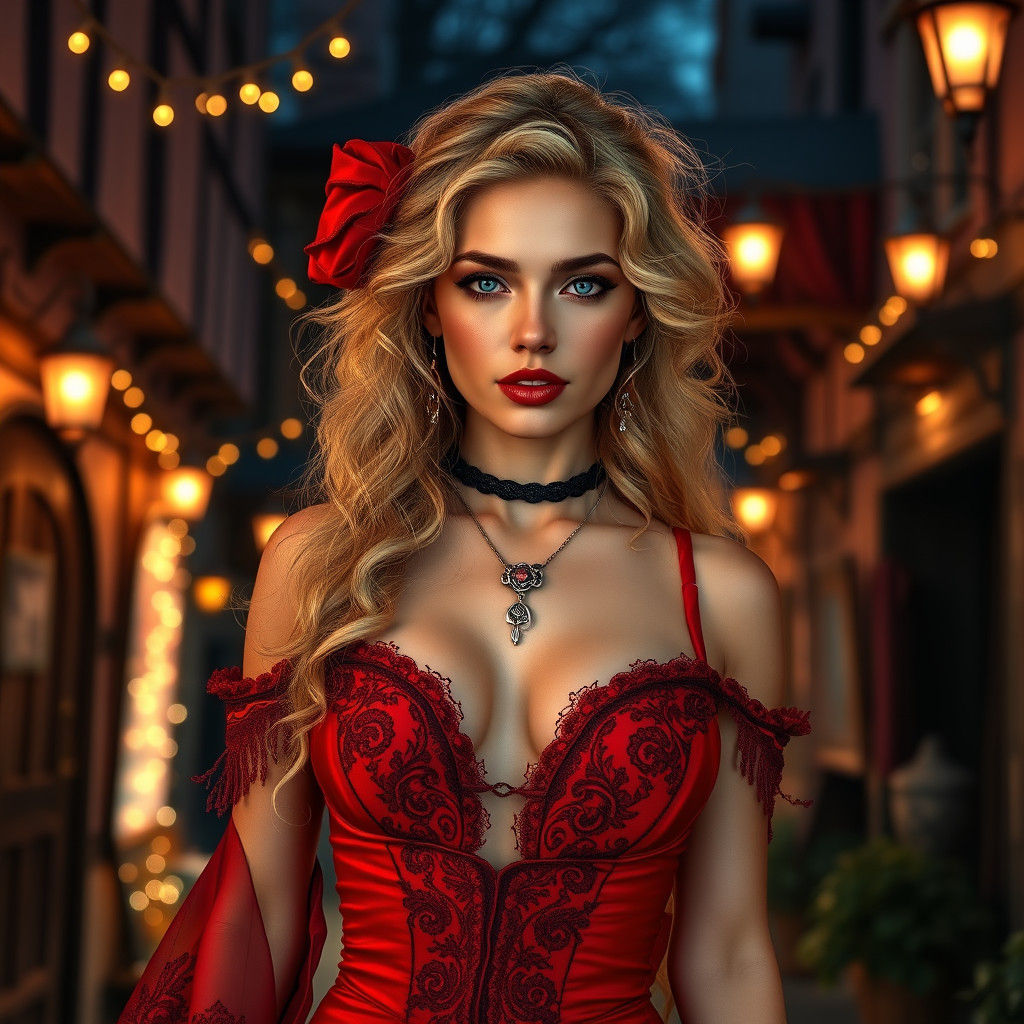 Confident Blonde in Red Gypsy Outfit, Fantasy Art